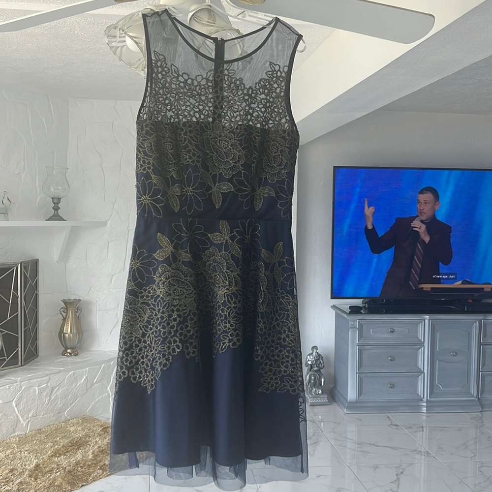 Very cute dressy navy and gold dress! Like new great for any occasion